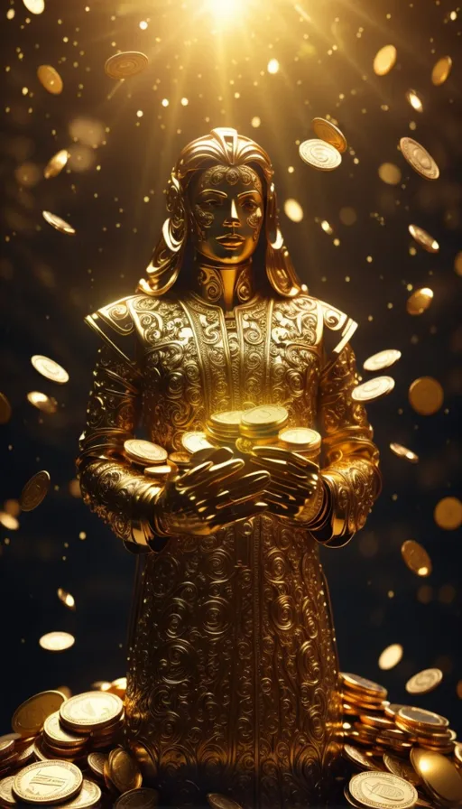 a golden statue surrounded by gold coins