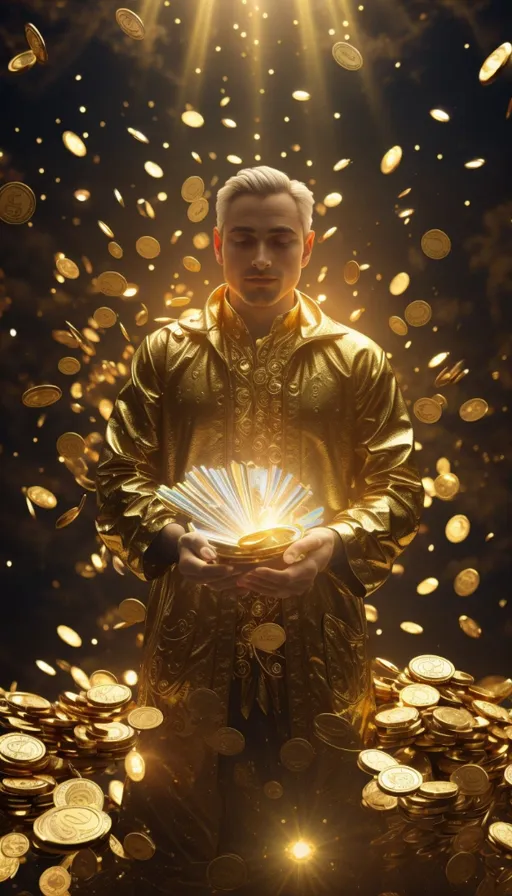 a man holding a crystal ball surrounded by gold coins