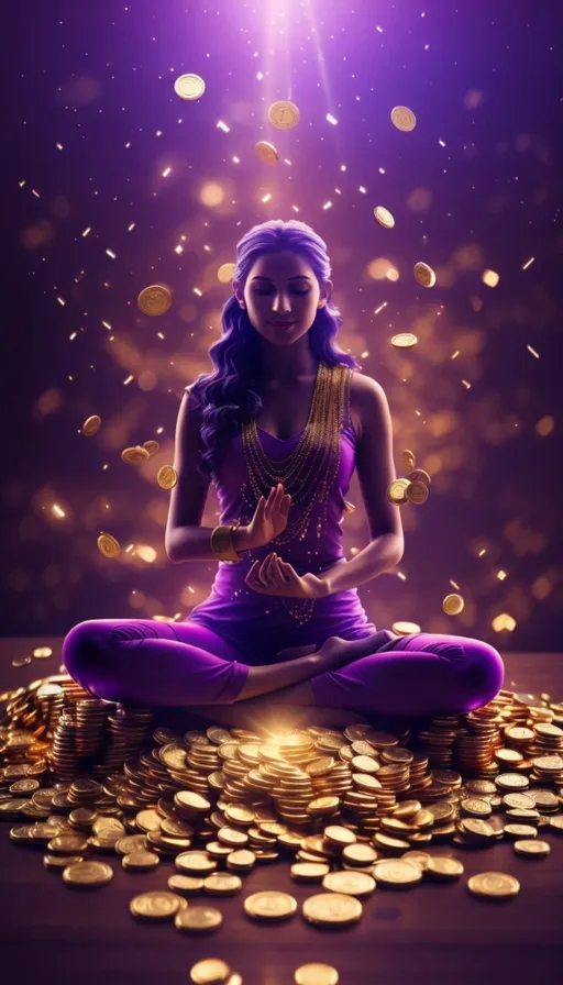 a woman sitting on a pile of gold coins