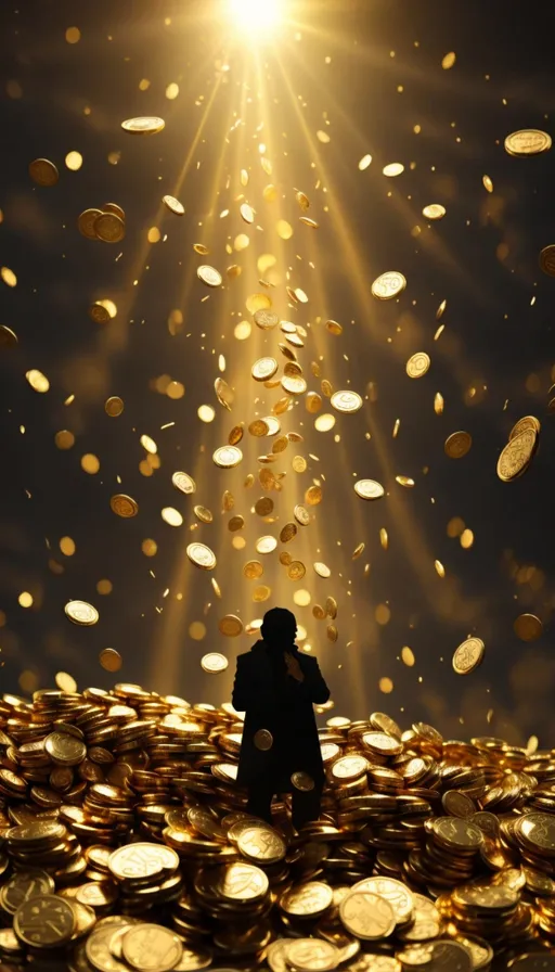 a person standing in front of a pile of gold coins