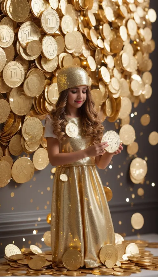 a little girl in a gold dress holding a coin