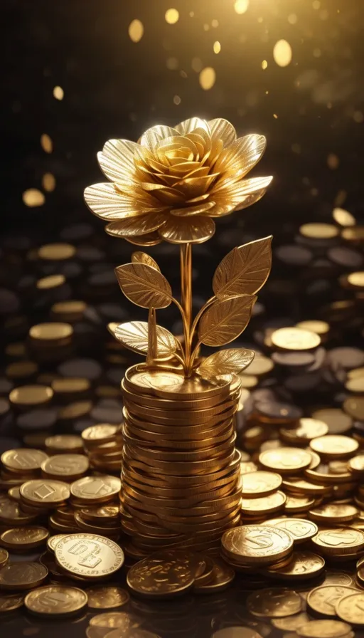 a golden flower sitting on top of a pile of coins