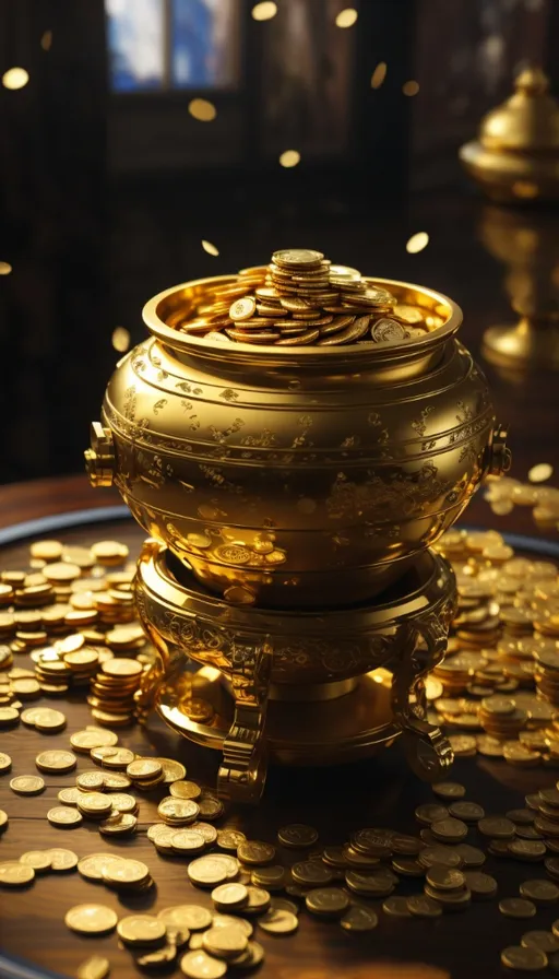 a large gold pot sitting on top of a table