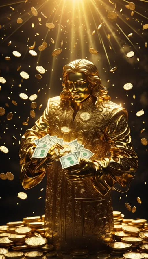 a golden statue holding a stack of money