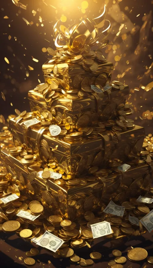 a pile of gold coins with a bright light in the background