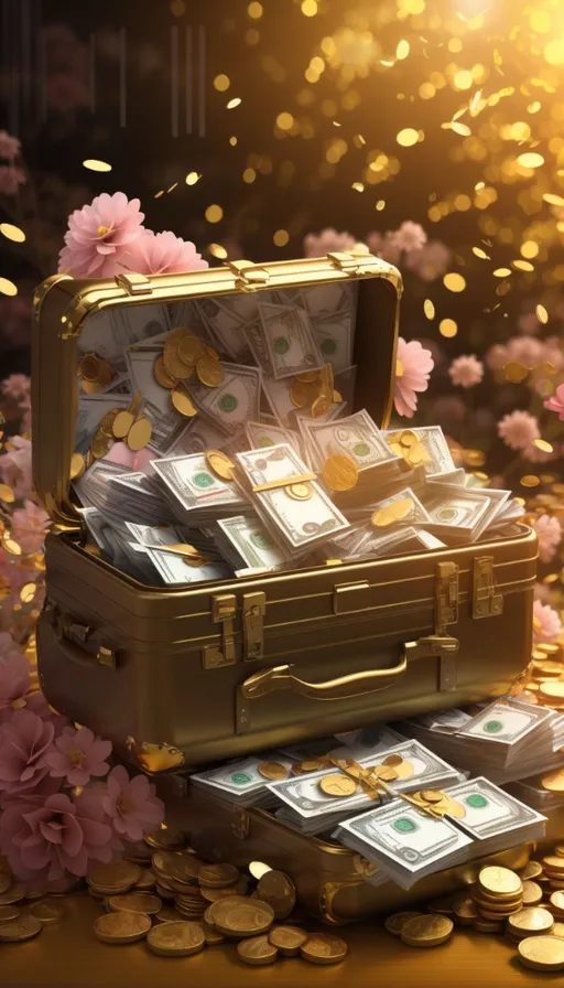 a suitcase filled with money sitting on top of a pile of gold coins