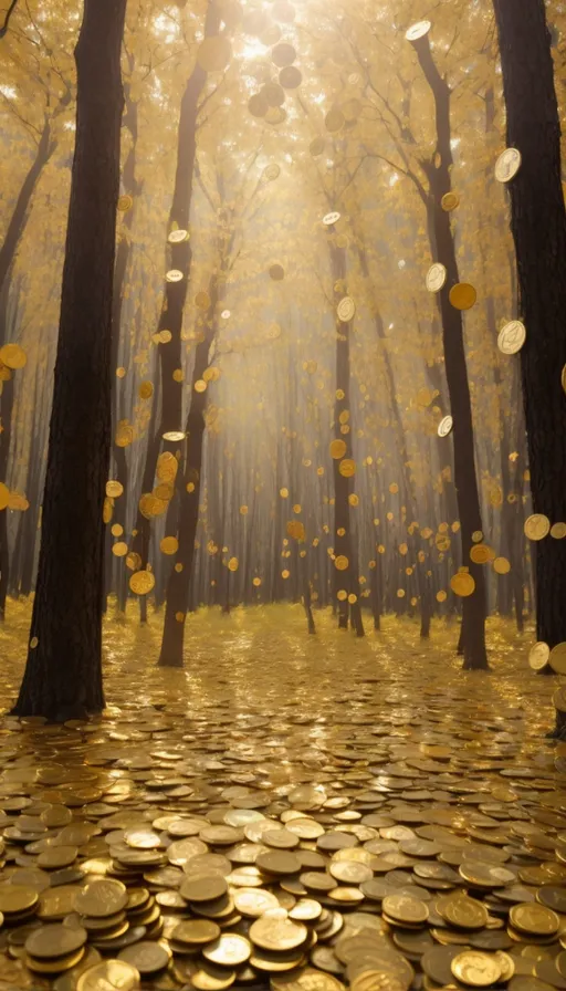 a forest filled with lots of gold coins