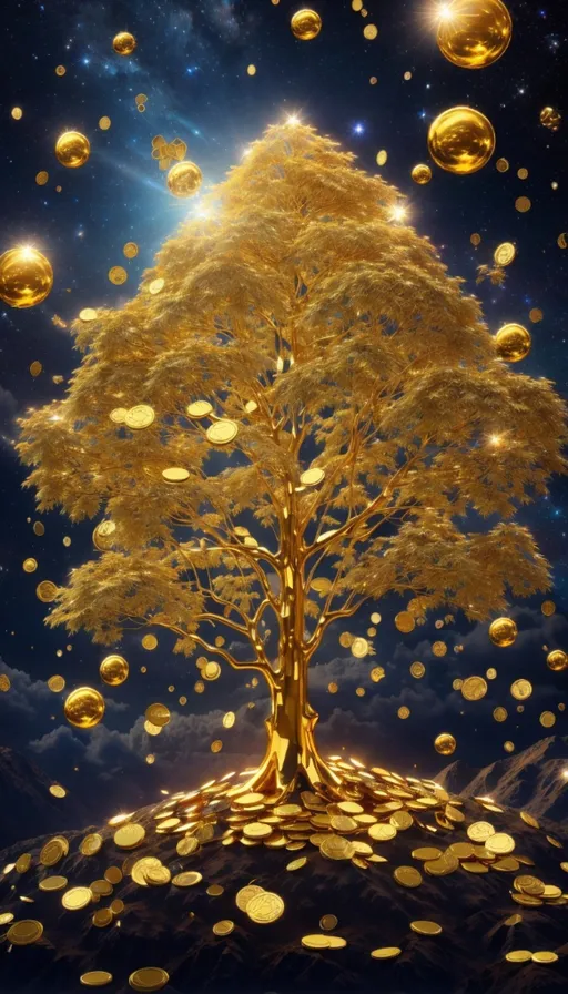 a golden tree on top of a hill surrounded by gold coins