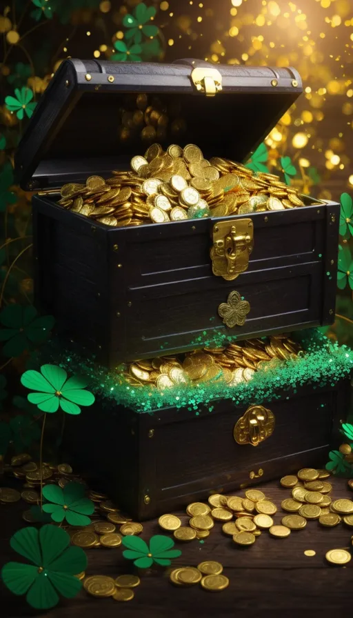 a trunk full of gold coins sitting on top of a table