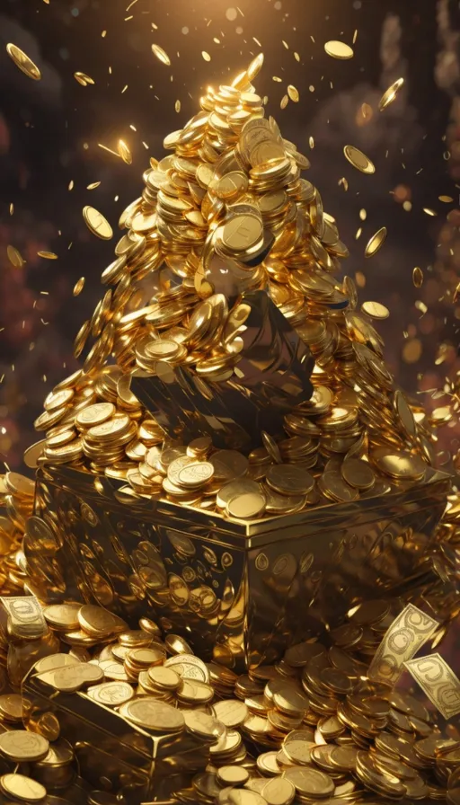 a pile of gold coins with a christmas tree on top