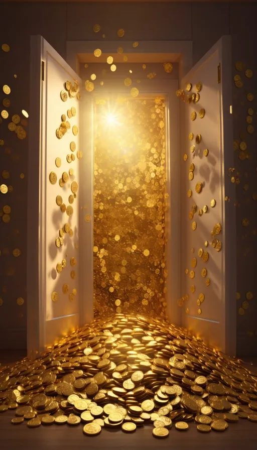 an open door to a room filled with gold coins