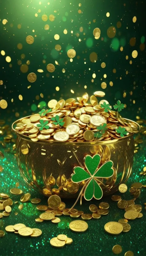 a pot full of gold coins and shamrocks