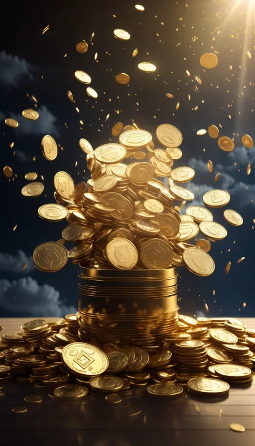 a pile of gold coins on top of a table