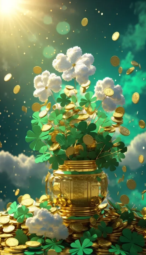 a pot full of gold coins and clovers