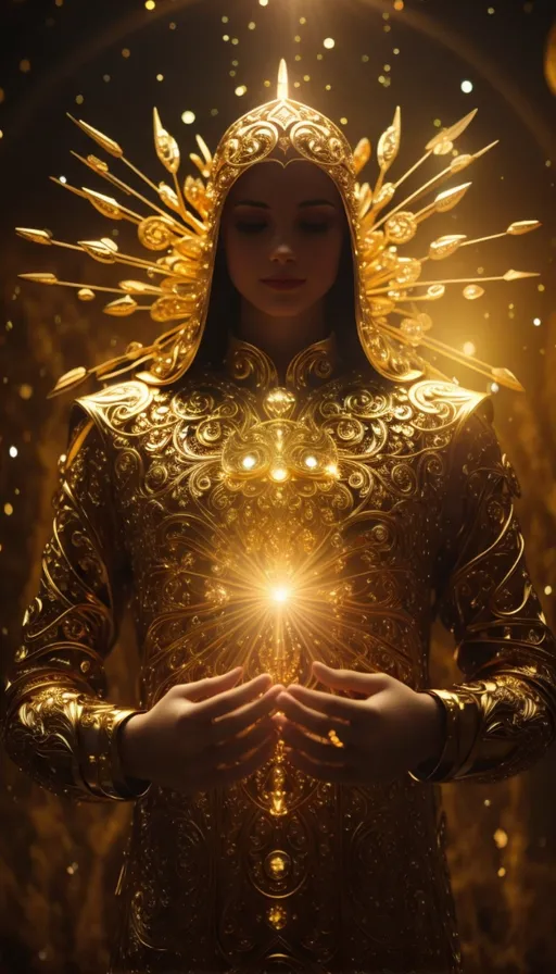 a woman in a golden outfit holding a light in her hands