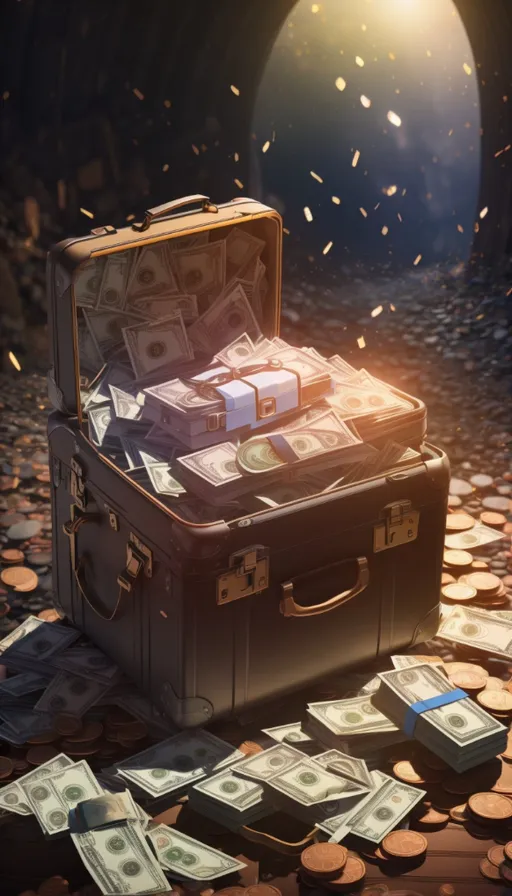 a suitcase full of money sitting on top of a pile of coins