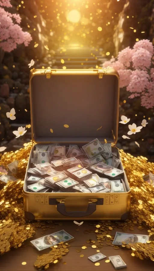 a suitcase filled with money sitting on top of a pile of gold coins