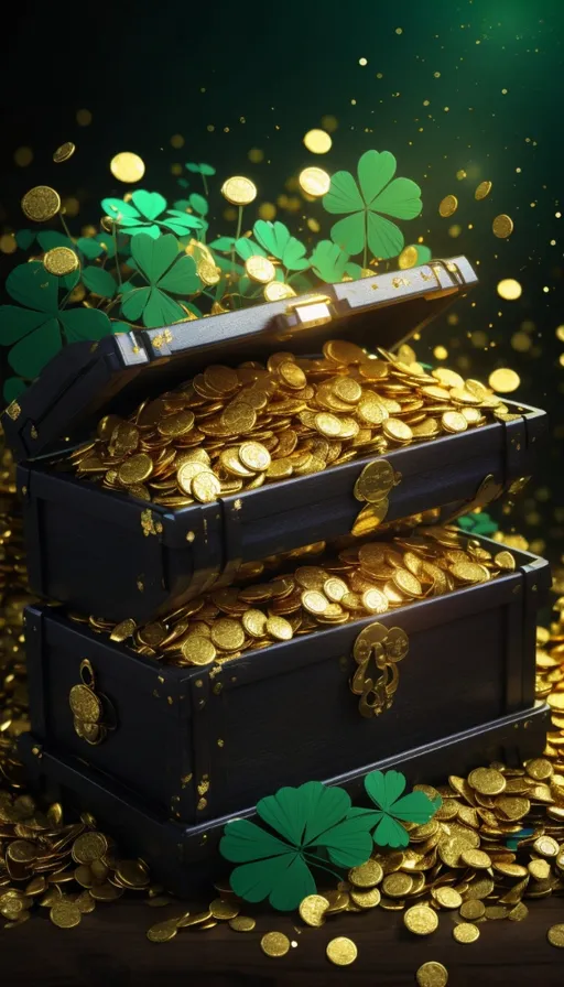 a pile of gold coins with shamrock leaves