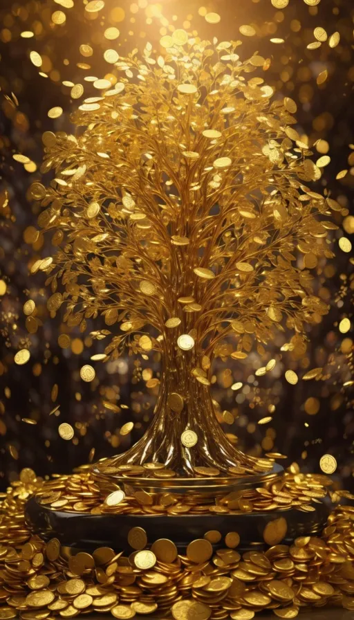 a golden tree surrounded by gold coins