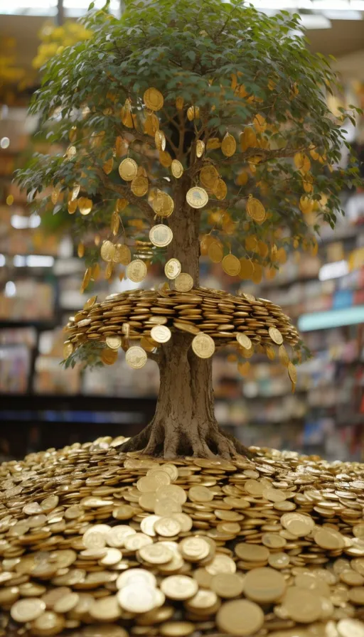 a tree made out of coins sitting on top of a table