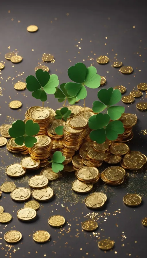 a pile of gold coins with shamrock leaves on top