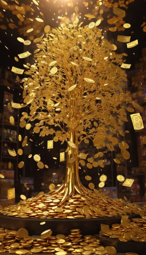 a golden tree is surrounded by gold coins