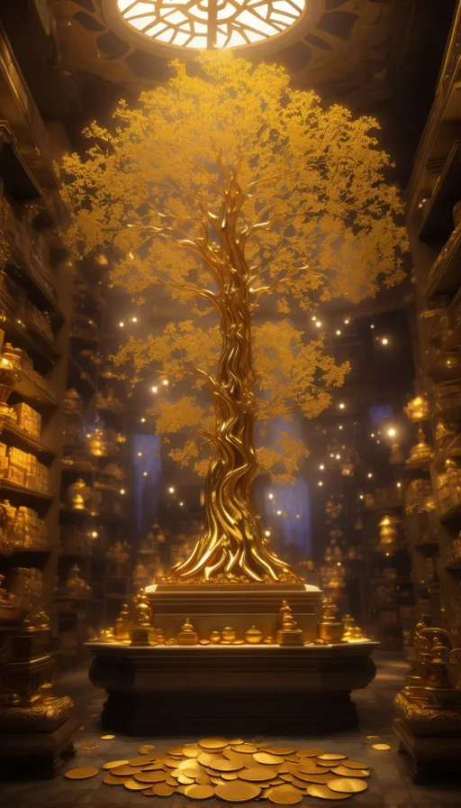 a gold tree in the middle of a room filled with gold coins