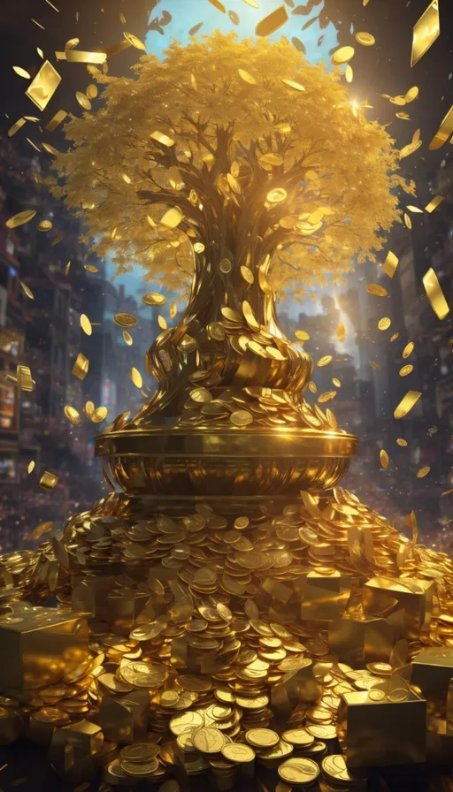 a golden tree surrounded by gold coins