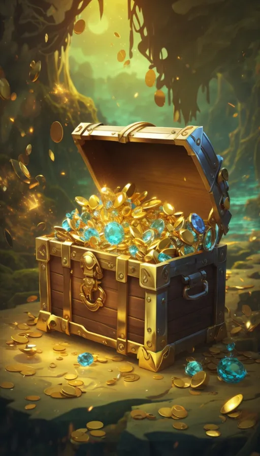 a chest full of gold coins in a forest