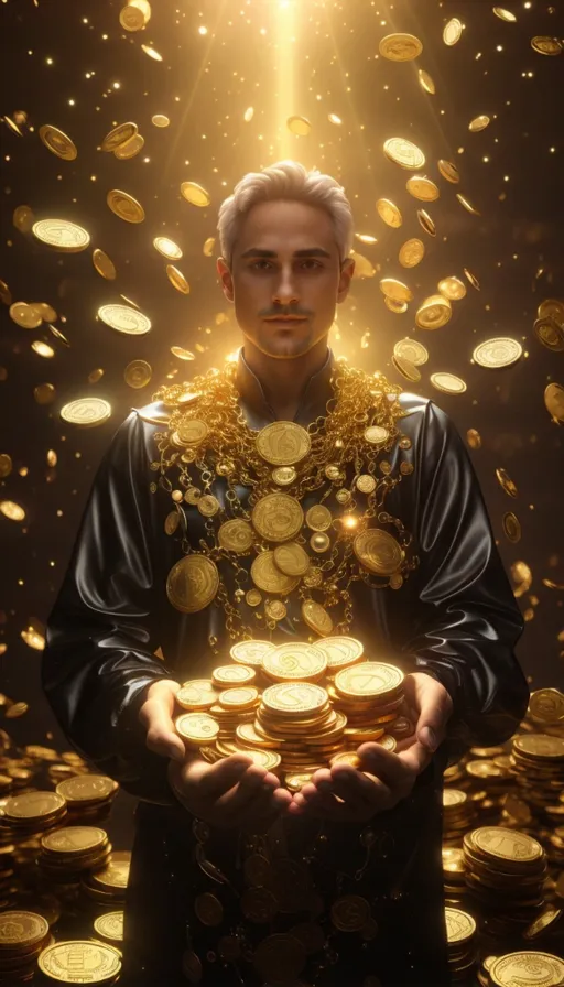 a man holding a bunch of gold coins