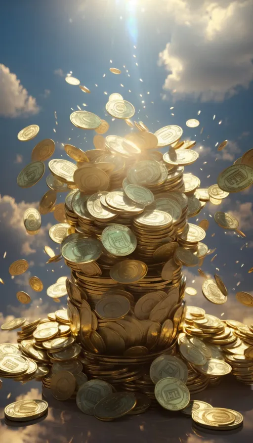 a stack of gold coins with the sky in the background