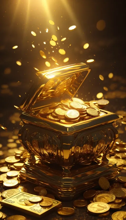 a golden chest of gold coins on a black background