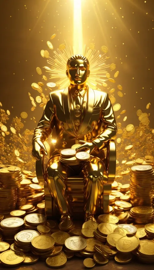 a golden statue sitting on top of a pile of coins