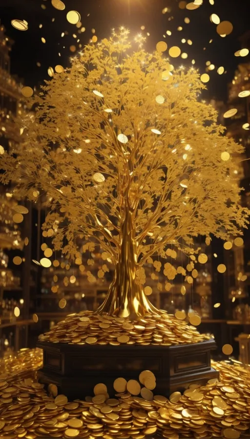 a golden tree on top of a pile of gold coins