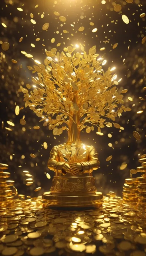 a golden tree surrounded by gold coins