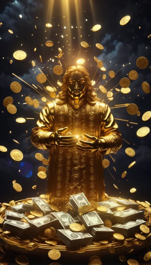 a golden statue surrounded by stacks of money