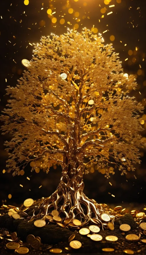 a golden tree surrounded by gold coins