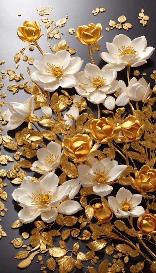 a bunch of white and gold flowers on a black surface