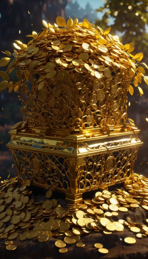 a golden box sitting on top of a pile of gold coins