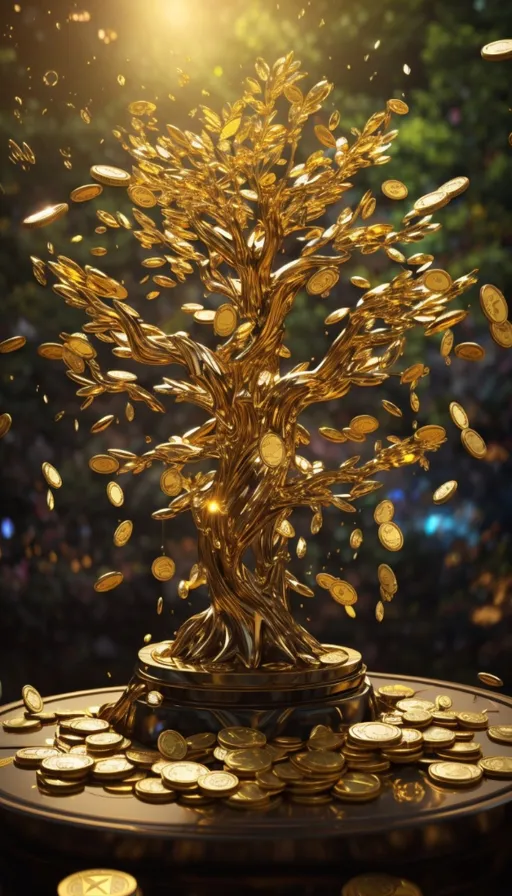 a golden tree on top of a pile of gold coins