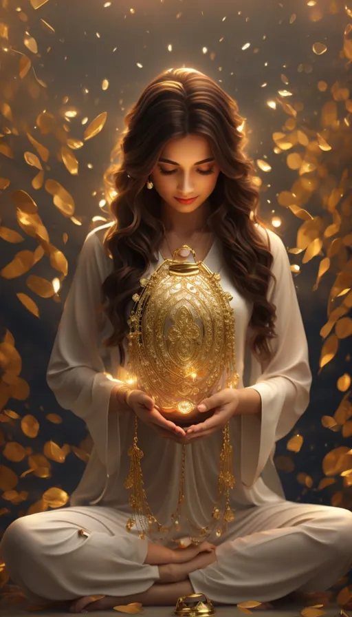 a woman holding a golden ball in her hands