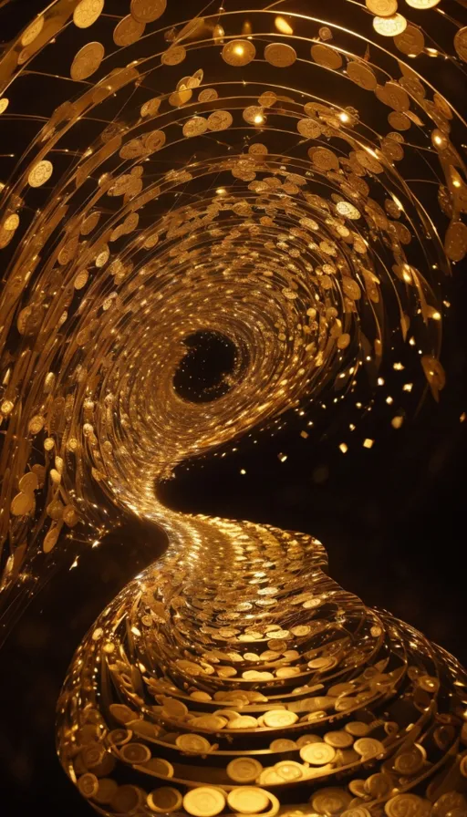 a spiral of gold coins in the dark