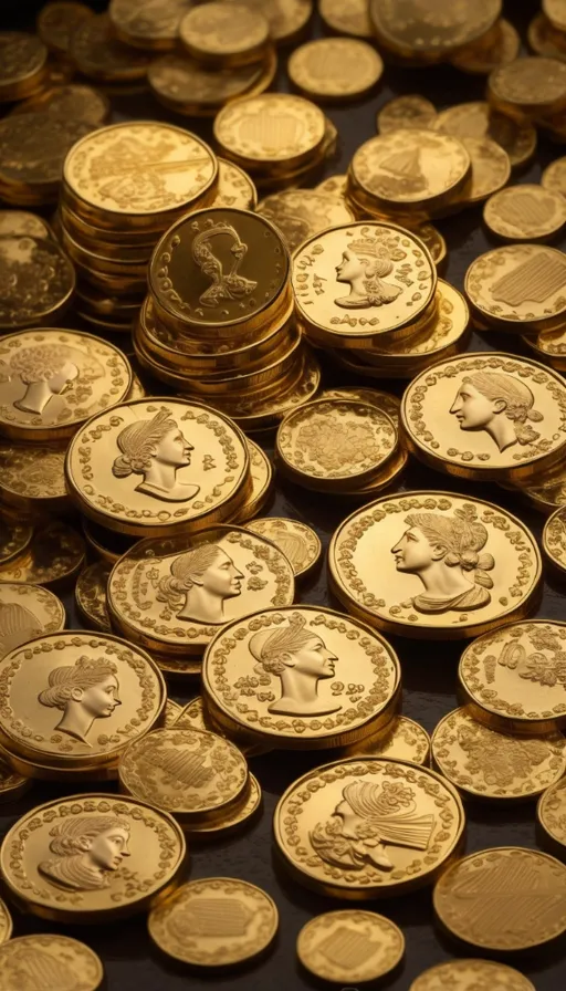 a pile of gold coins sitting on top of a table