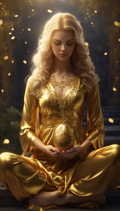 a woman in a gold dress sitting in a lotus position