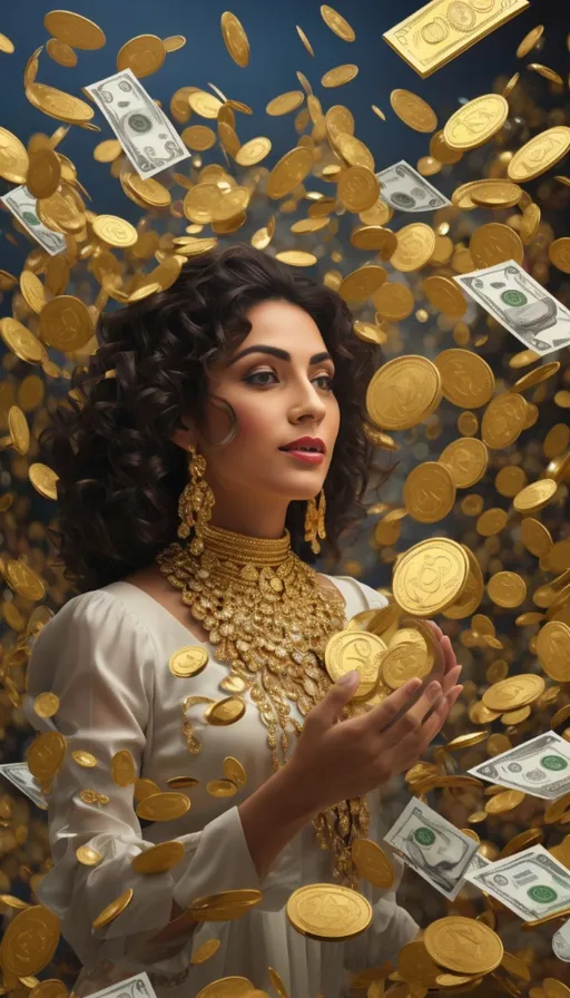 a woman surrounded by money and gold coins