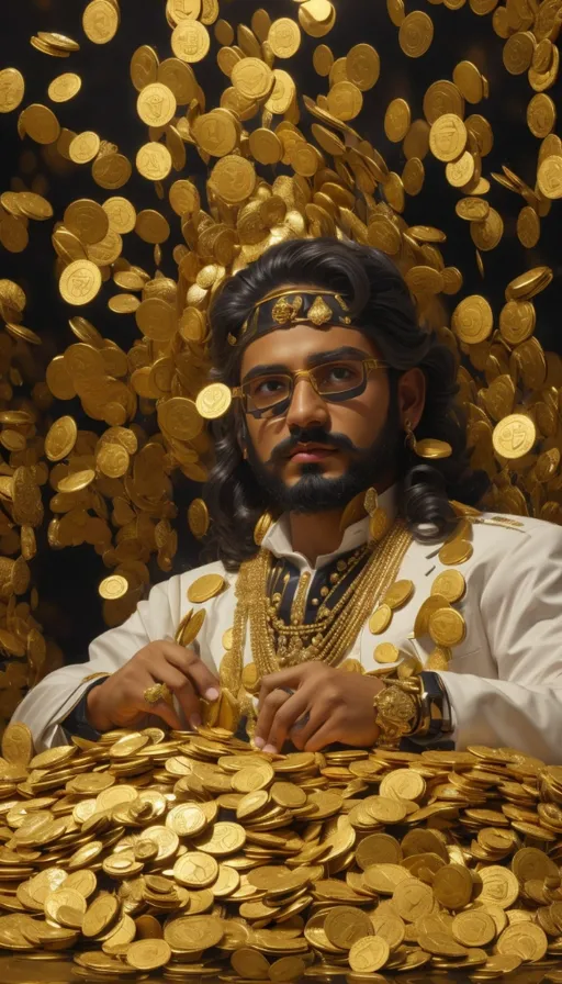 a man standing in front of a pile of gold coins