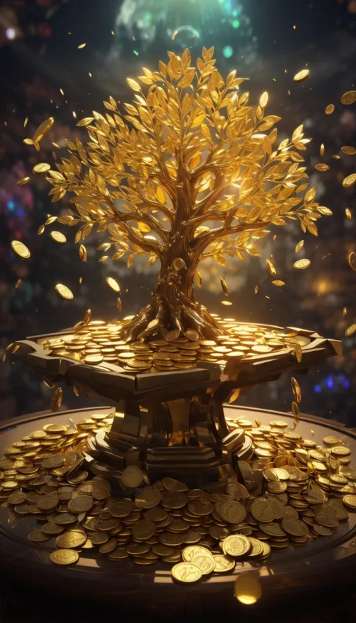 a golden tree on top of a pile of gold coins