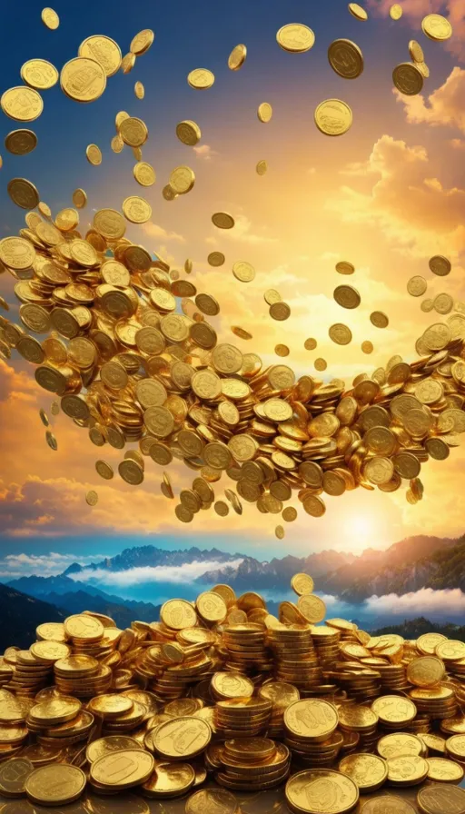 a pile of gold coins flying into the air