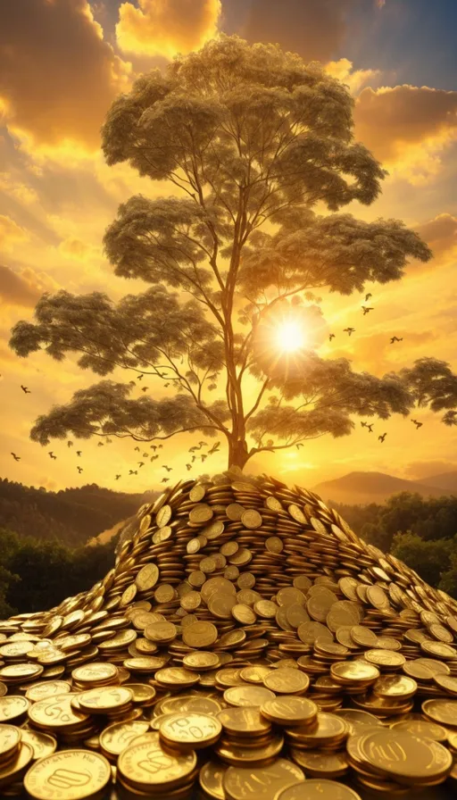 a tree on top of a pile of gold coins