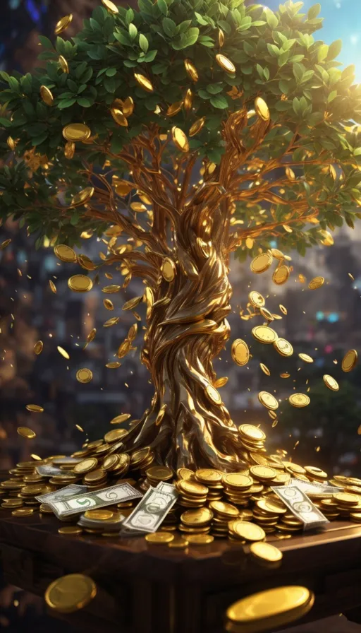 a tree that is growing out of a pile of money